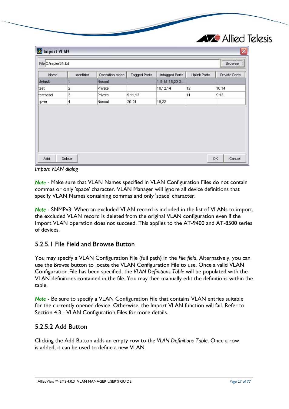 1 file field and browse button, 2 add button | Allied Telesis AlliedView-EMS 4.0.3 VLAN-Manager User Manual | Page 27 / 77