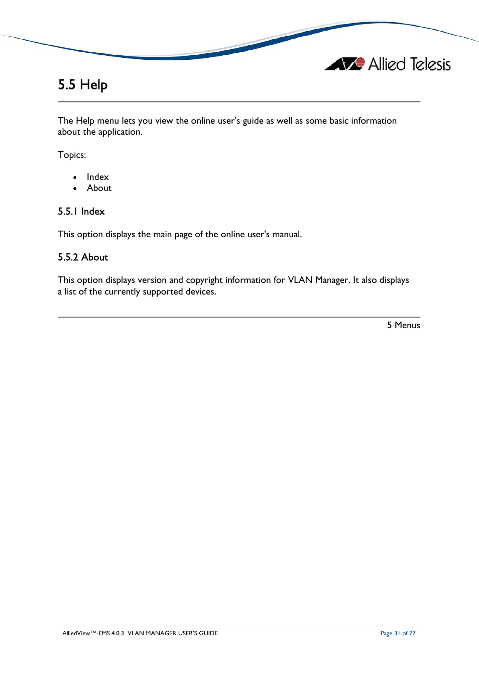 5 help, 1 index, 2 about | Allied Telesis AlliedView-EMS 4.0.3 VLAN-Manager User Manual | Page 31 / 77