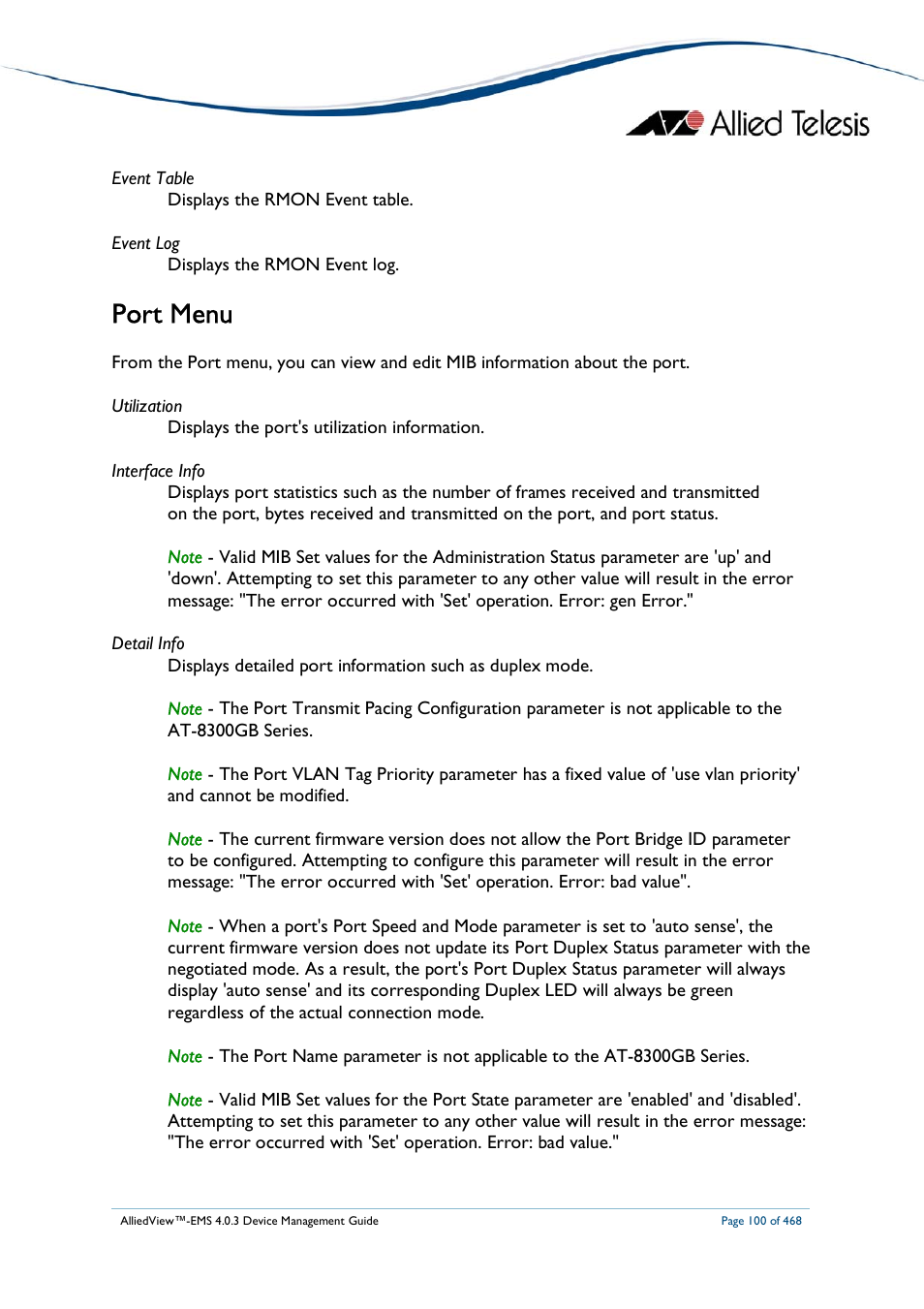 Port menu | Allied Telesis AlliedView-EMS 4.0.3 Device-Management User Manual | Page 100 / 468