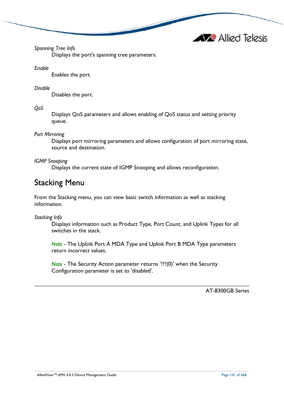Stacking menu | Allied Telesis AlliedView-EMS 4.0.3 Device-Management User Manual | Page 101 / 468