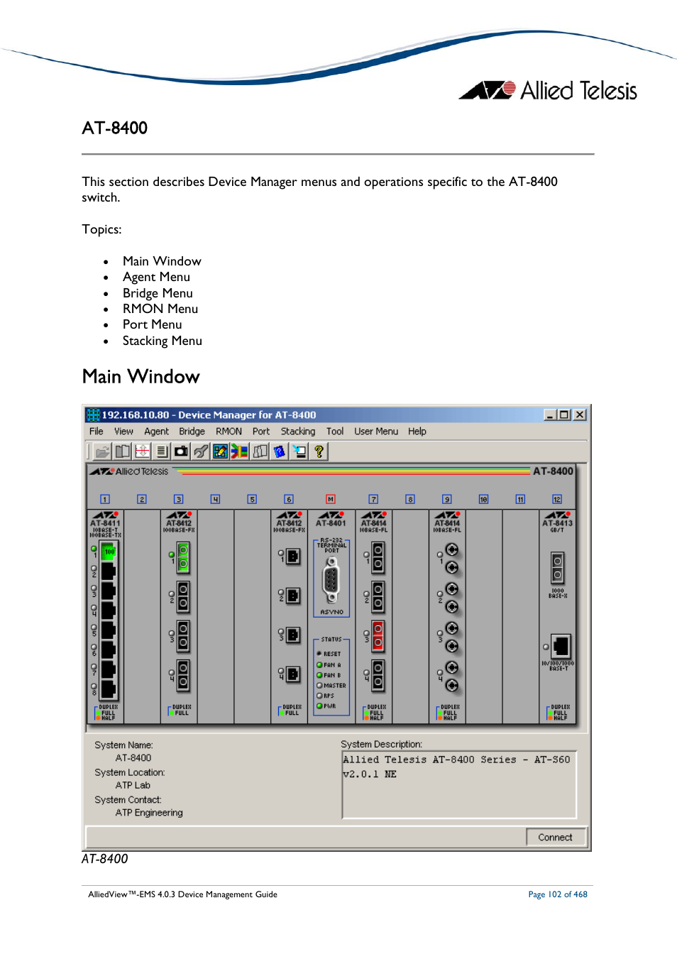 Main window, At-8400 | Allied Telesis AlliedView-EMS 4.0.3 Device-Management User Manual | Page 102 / 468