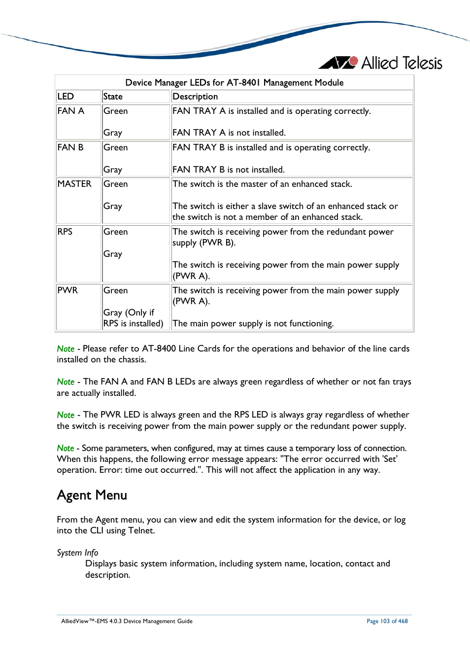 Agent menu | Allied Telesis AlliedView-EMS 4.0.3 Device-Management User Manual | Page 103 / 468