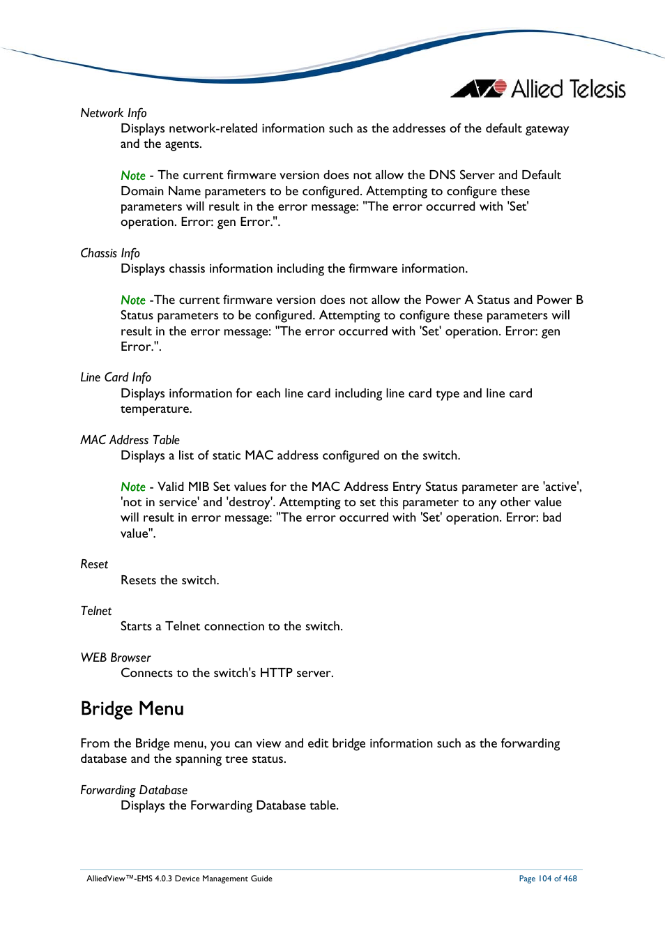 Bridge menu | Allied Telesis AlliedView-EMS 4.0.3 Device-Management User Manual | Page 104 / 468