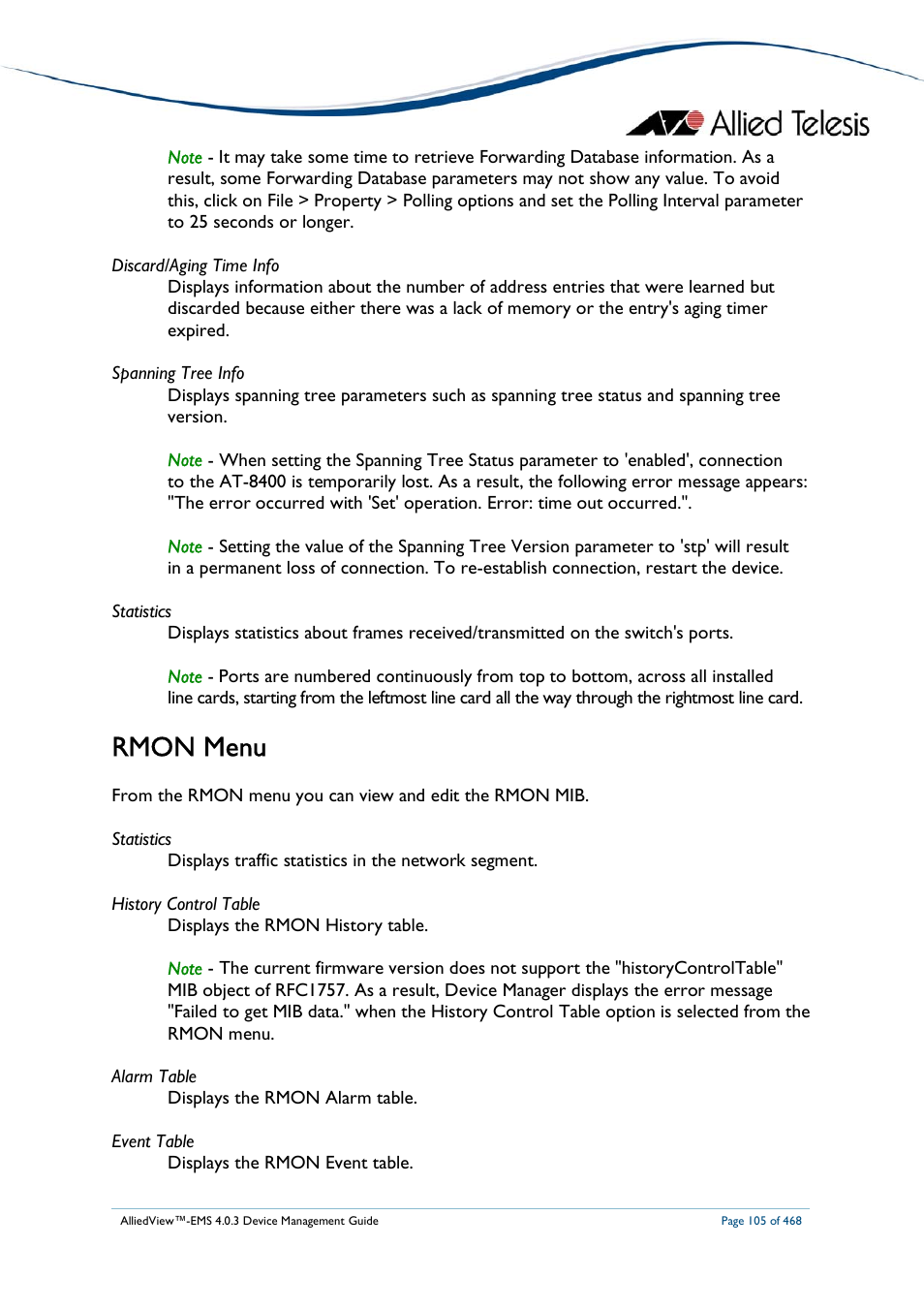 Rmon menu | Allied Telesis AlliedView-EMS 4.0.3 Device-Management User Manual | Page 105 / 468