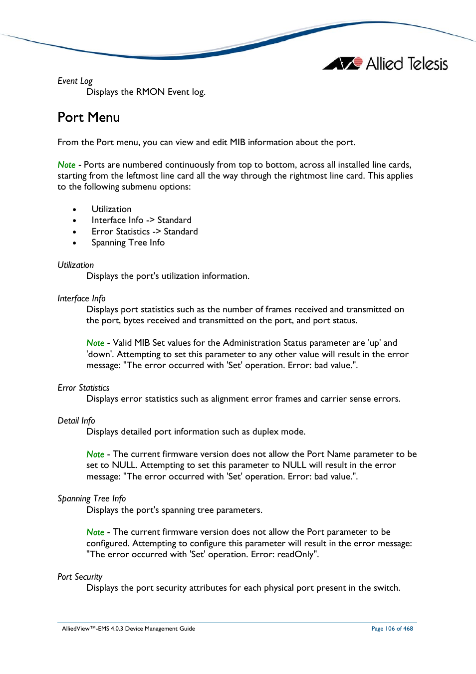 Port menu | Allied Telesis AlliedView-EMS 4.0.3 Device-Management User Manual | Page 106 / 468