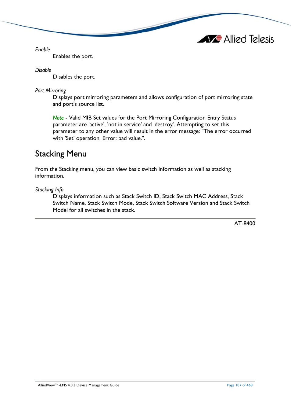 Stacking menu | Allied Telesis AlliedView-EMS 4.0.3 Device-Management User Manual | Page 107 / 468