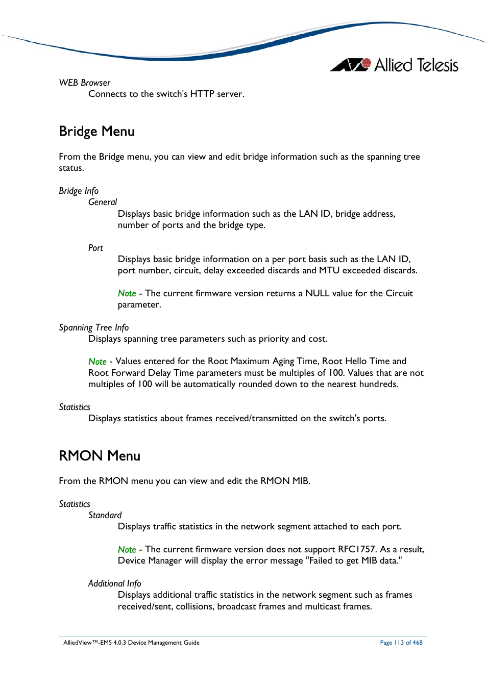 Bridge menu, Rmon menu | Allied Telesis AlliedView-EMS 4.0.3 Device-Management User Manual | Page 113 / 468