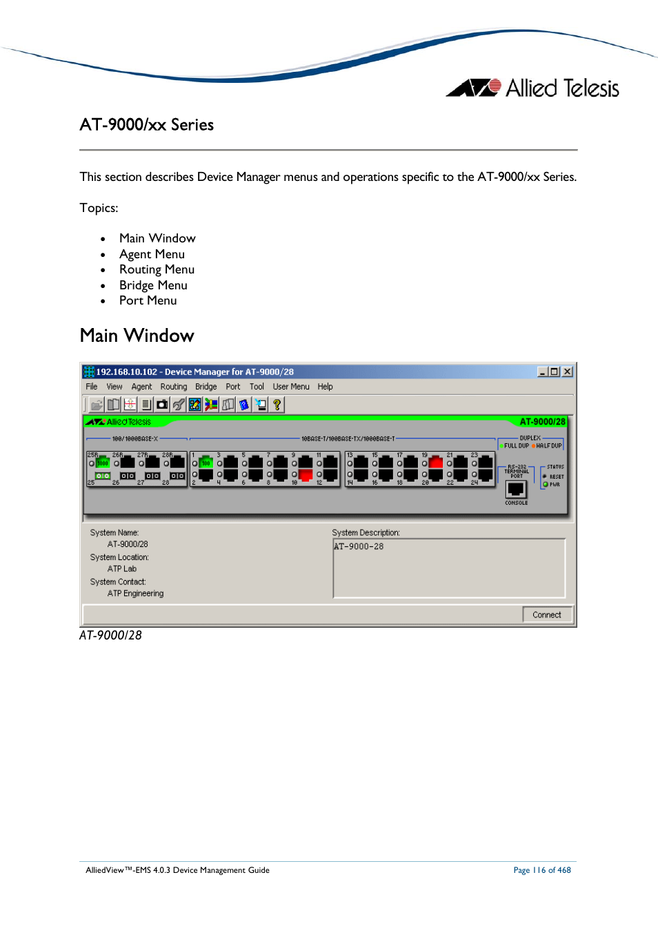 Main window, At-9000/xx series | Allied Telesis AlliedView-EMS 4.0.3 Device-Management User Manual | Page 116 / 468