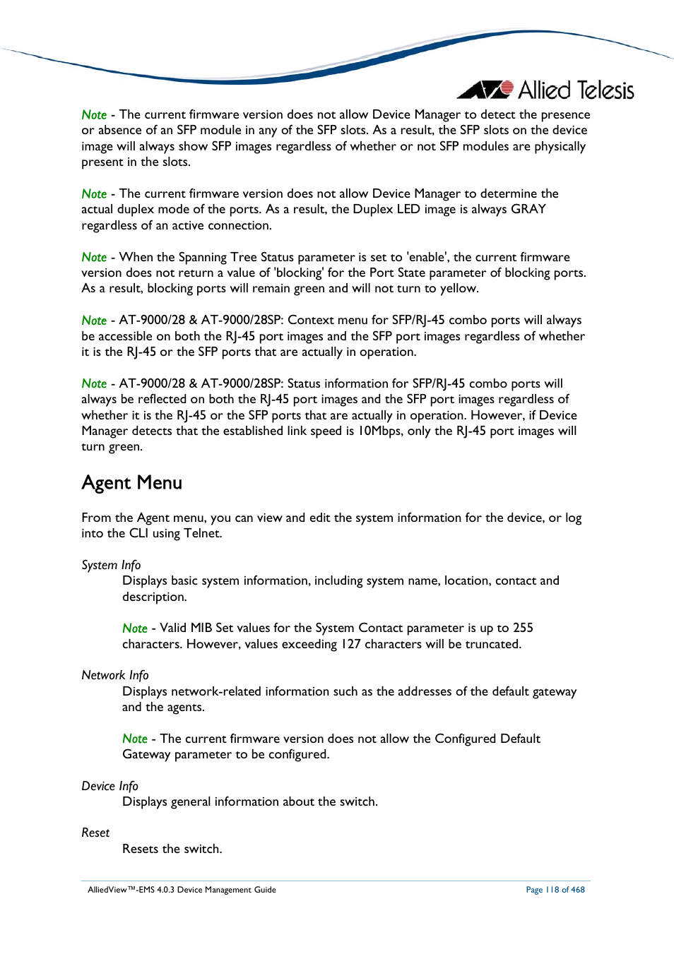 Agent menu | Allied Telesis AlliedView-EMS 4.0.3 Device-Management User Manual | Page 118 / 468