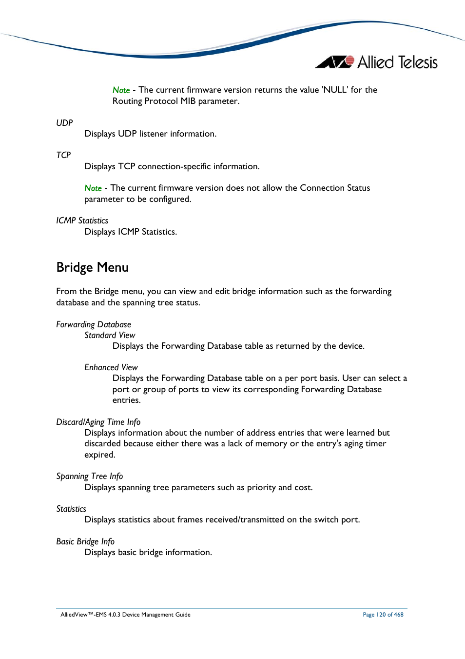 Bridge menu | Allied Telesis AlliedView-EMS 4.0.3 Device-Management User Manual | Page 120 / 468