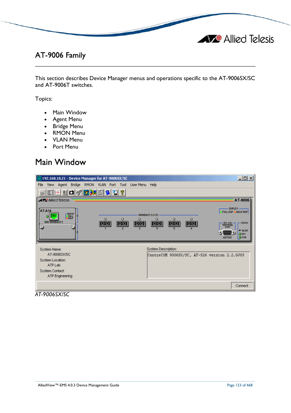 Main window, At-9006 family | Allied Telesis AlliedView-EMS 4.0.3 Device-Management User Manual | Page 123 / 468