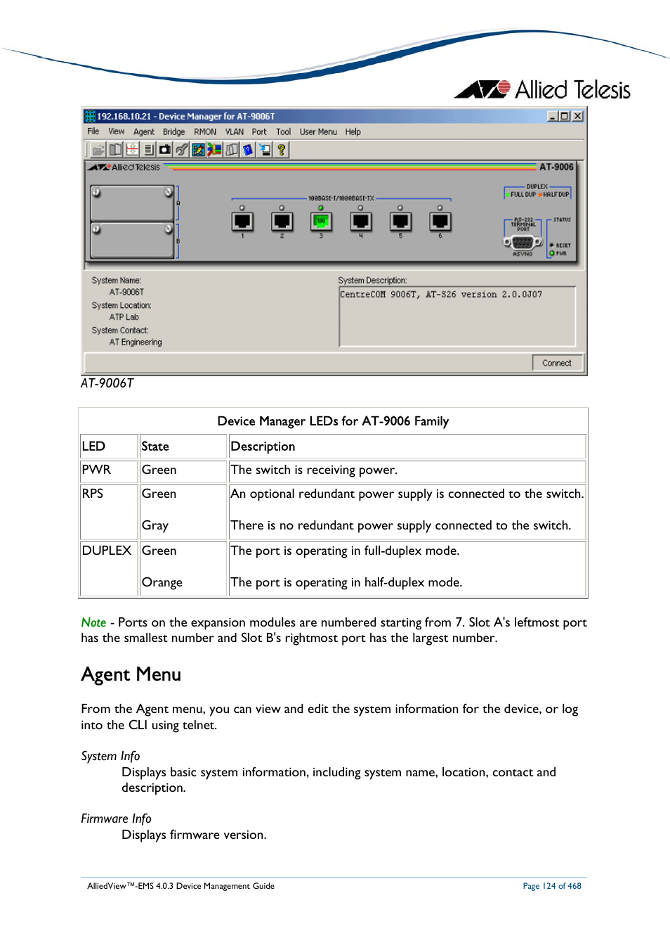 Agent menu | Allied Telesis AlliedView-EMS 4.0.3 Device-Management User Manual | Page 124 / 468