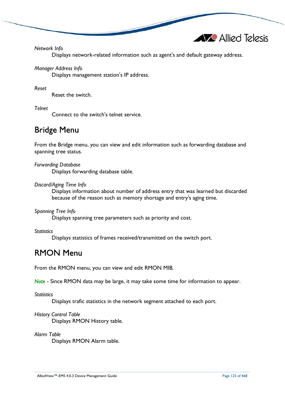 Bridge menu, Rmon menu | Allied Telesis AlliedView-EMS 4.0.3 Device-Management User Manual | Page 125 / 468