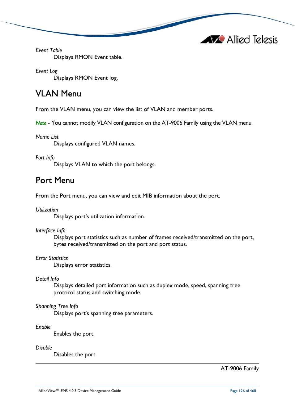 Vlan menu, Port menu | Allied Telesis AlliedView-EMS 4.0.3 Device-Management User Manual | Page 126 / 468