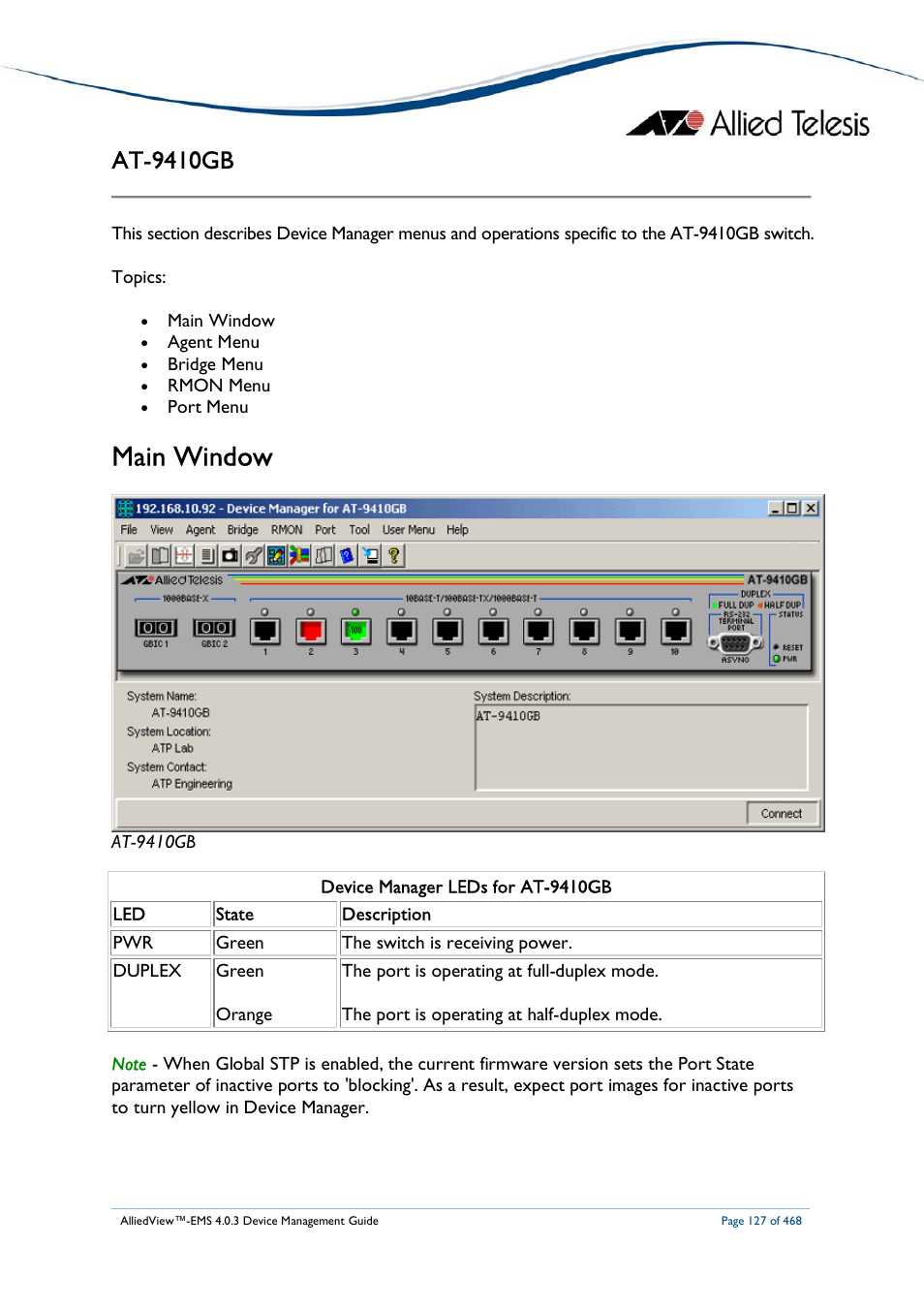 Main window, At-9410gb | Allied Telesis AlliedView-EMS 4.0.3 Device-Management User Manual | Page 127 / 468