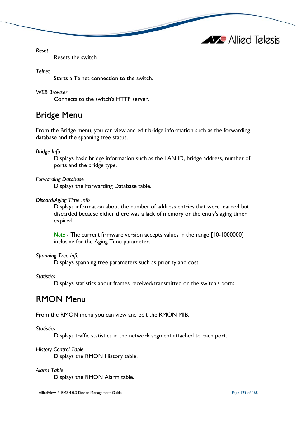 Bridge menu, Rmon menu | Allied Telesis AlliedView-EMS 4.0.3 Device-Management User Manual | Page 129 / 468