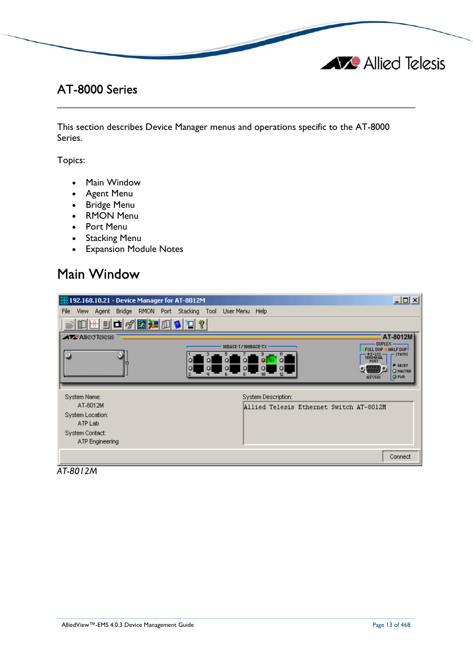 Main window, At-8000 series | Allied Telesis AlliedView-EMS 4.0.3 Device-Management User Manual | Page 13 / 468