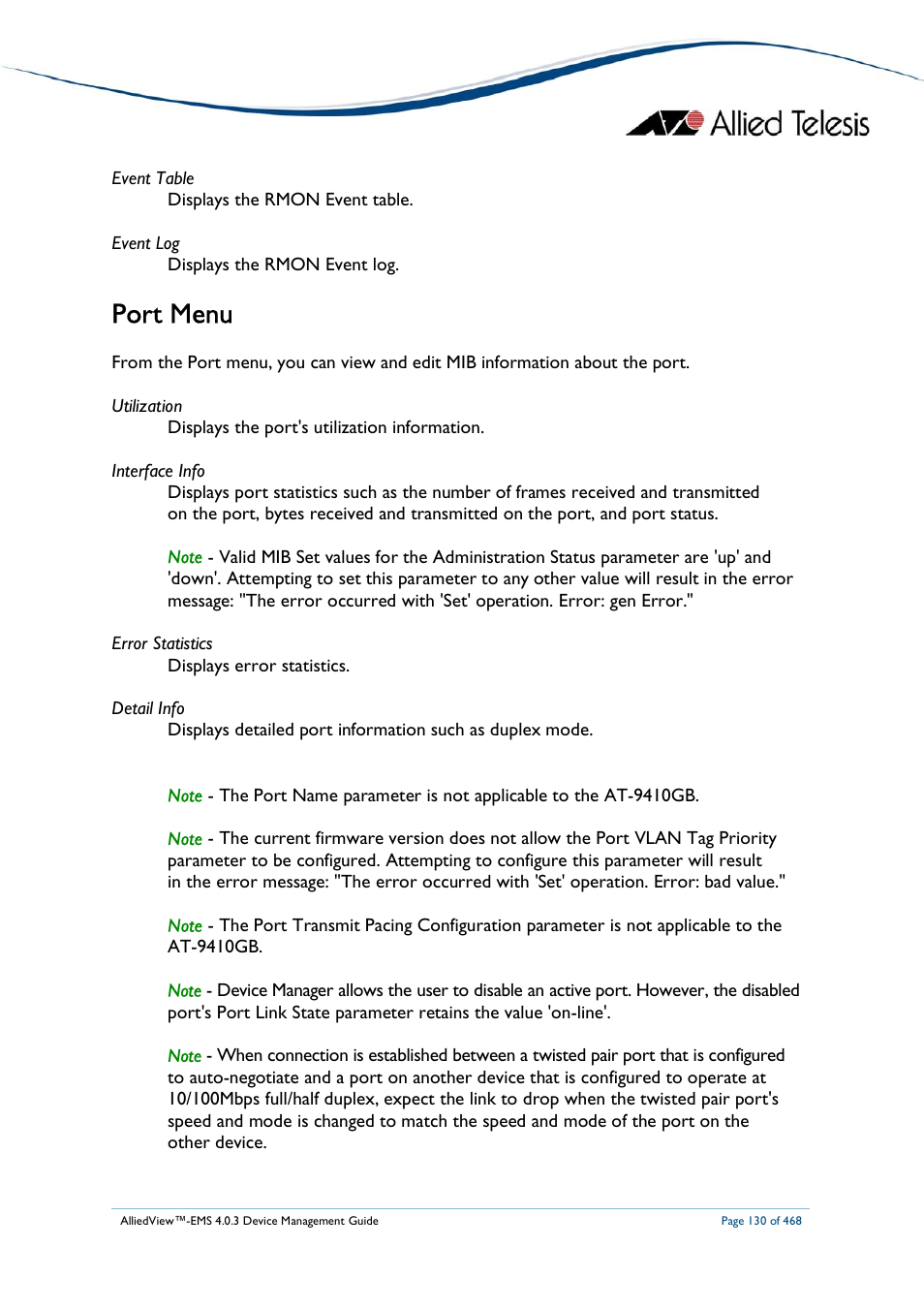 Port menu | Allied Telesis AlliedView-EMS 4.0.3 Device-Management User Manual | Page 130 / 468