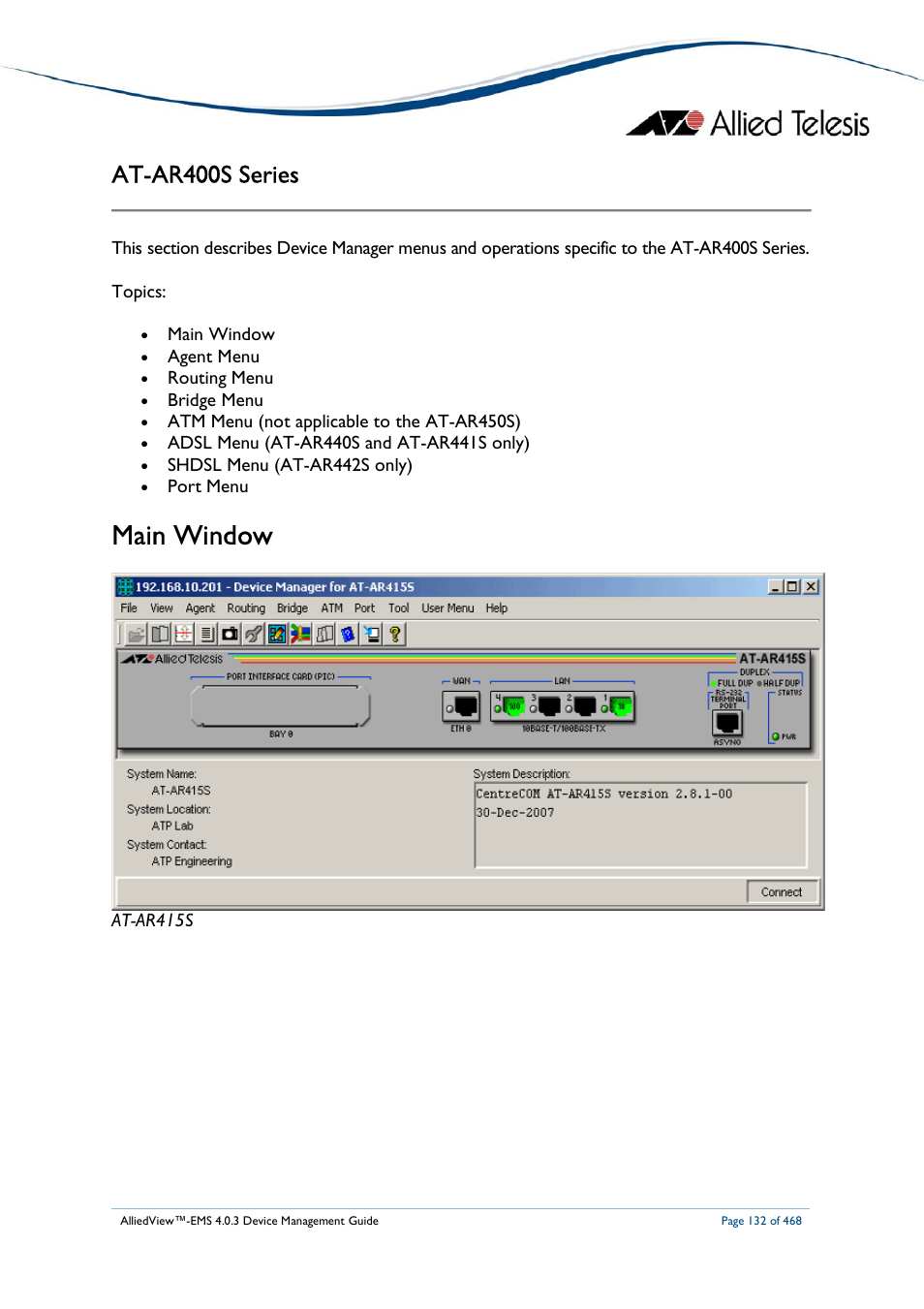 Main window, At-ar400s series | Allied Telesis AlliedView-EMS 4.0.3 Device-Management User Manual | Page 132 / 468
