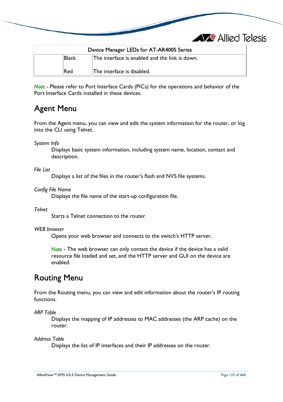 Agent menu, Routing menu | Allied Telesis AlliedView-EMS 4.0.3 Device-Management User Manual | Page 135 / 468