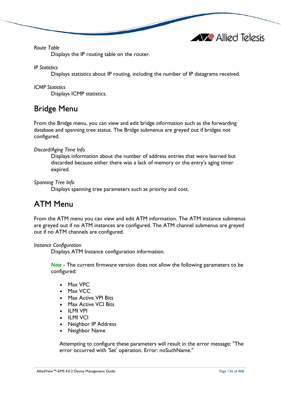 Bridge menu, Atm menu | Allied Telesis AlliedView-EMS 4.0.3 Device-Management User Manual | Page 136 / 468