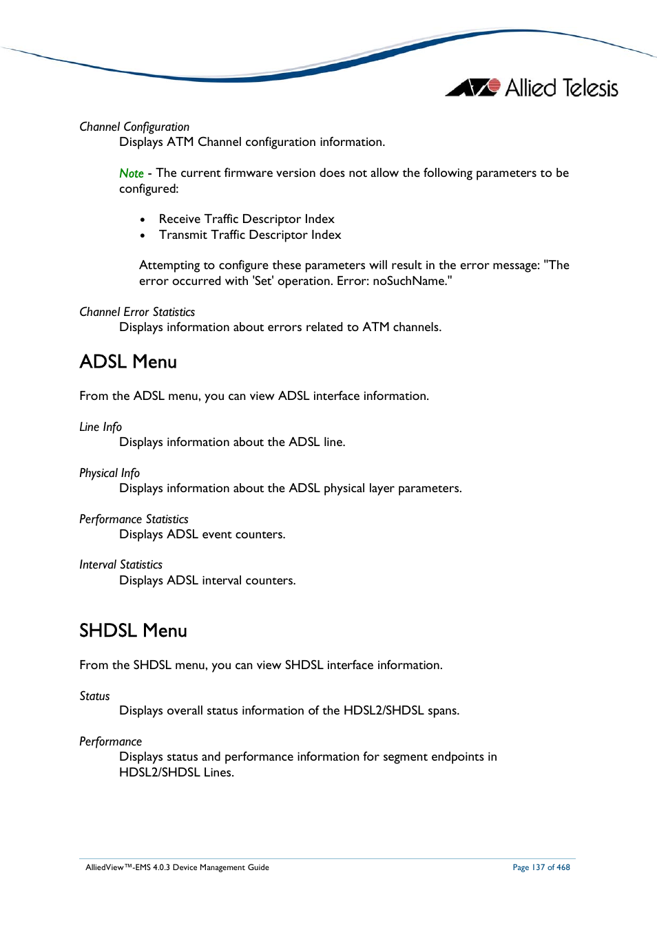 Adsl menu, Shdsl menu | Allied Telesis AlliedView-EMS 4.0.3 Device-Management User Manual | Page 137 / 468