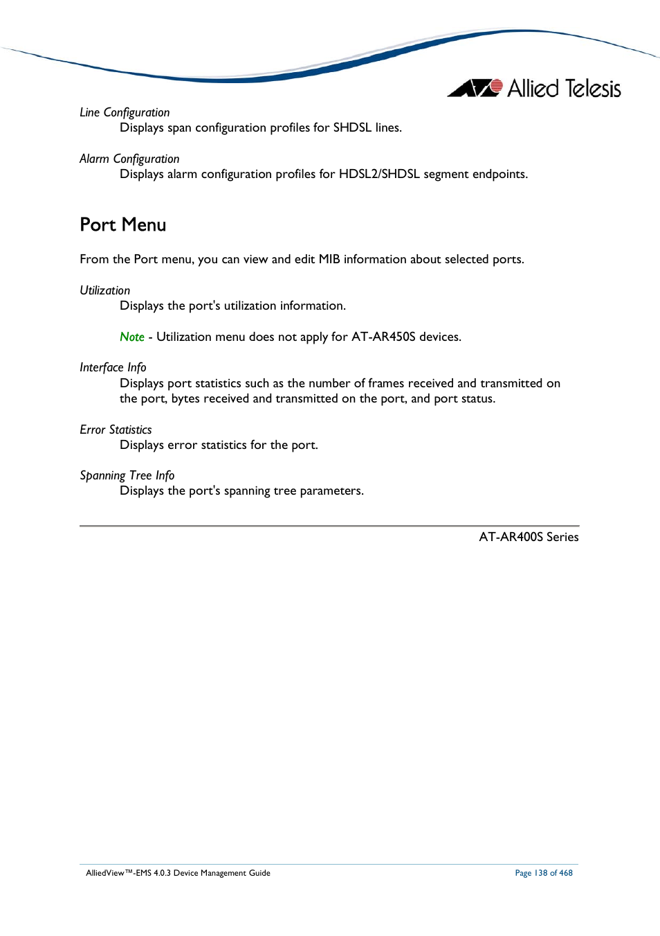 Port menu | Allied Telesis AlliedView-EMS 4.0.3 Device-Management User Manual | Page 138 / 468