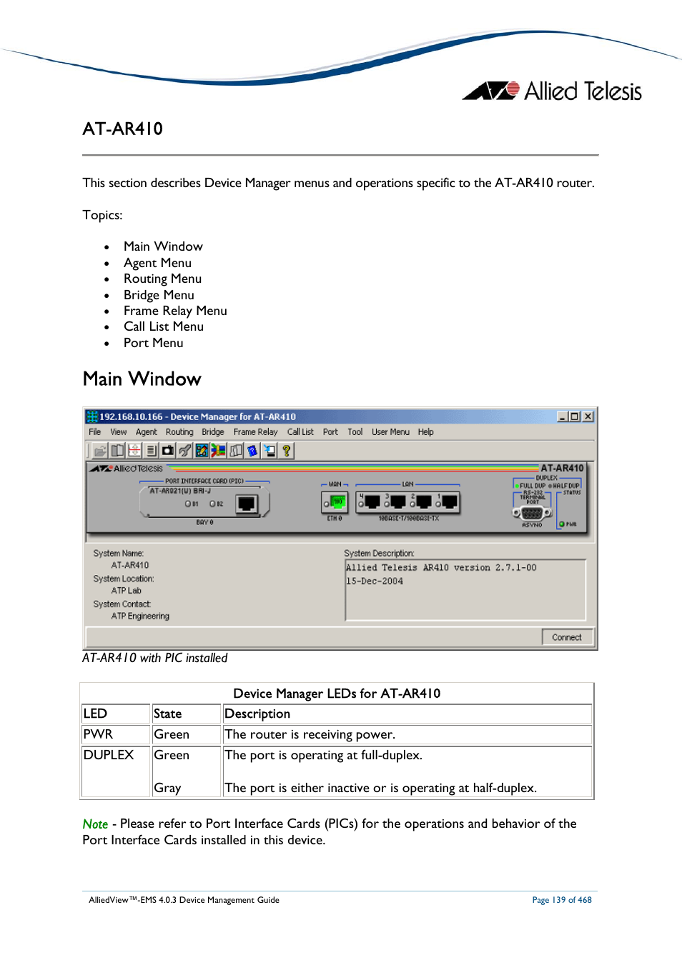 Main window, At-ar410 | Allied Telesis AlliedView-EMS 4.0.3 Device-Management User Manual | Page 139 / 468