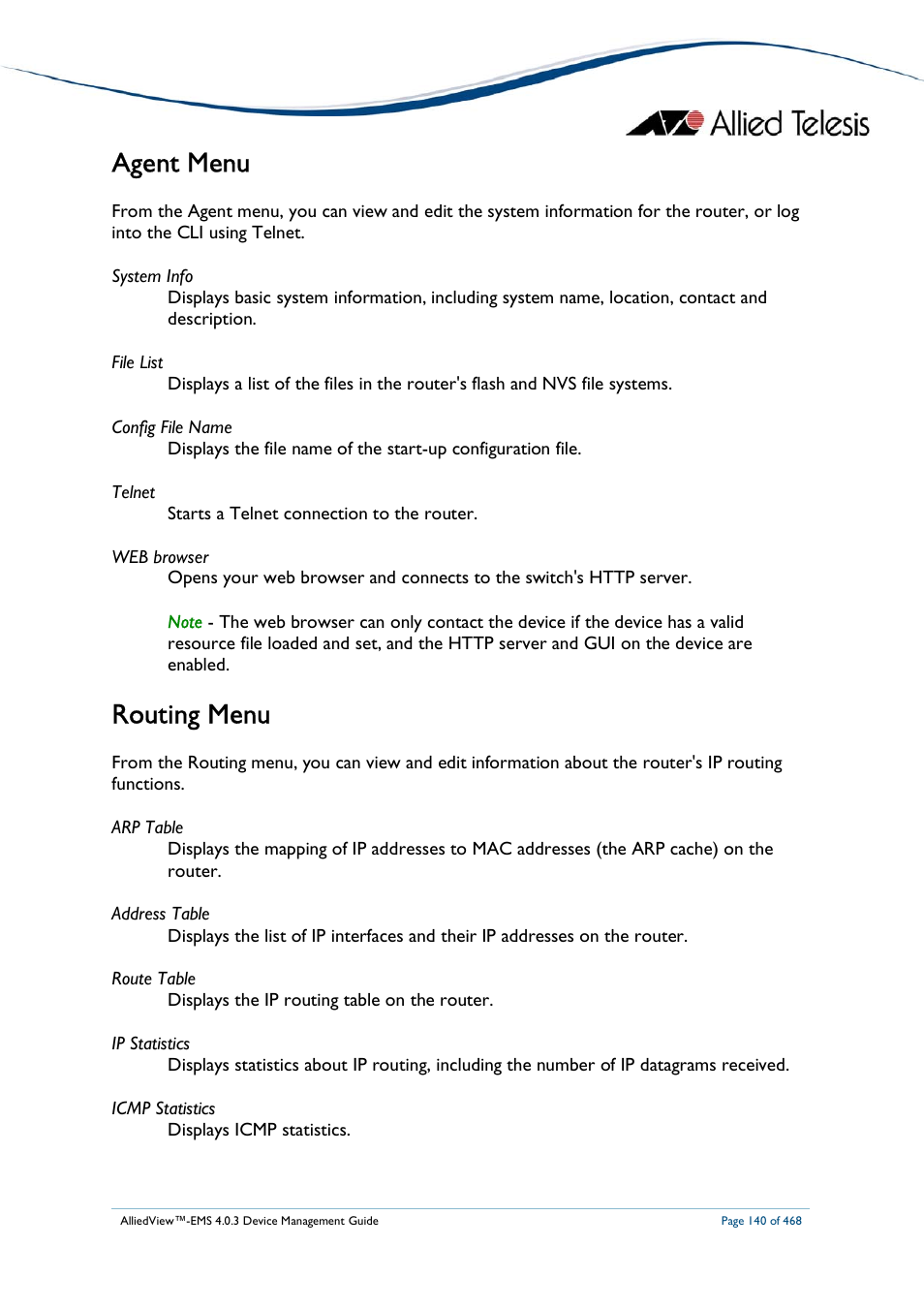 Agent menu, Routing menu | Allied Telesis AlliedView-EMS 4.0.3 Device-Management User Manual | Page 140 / 468