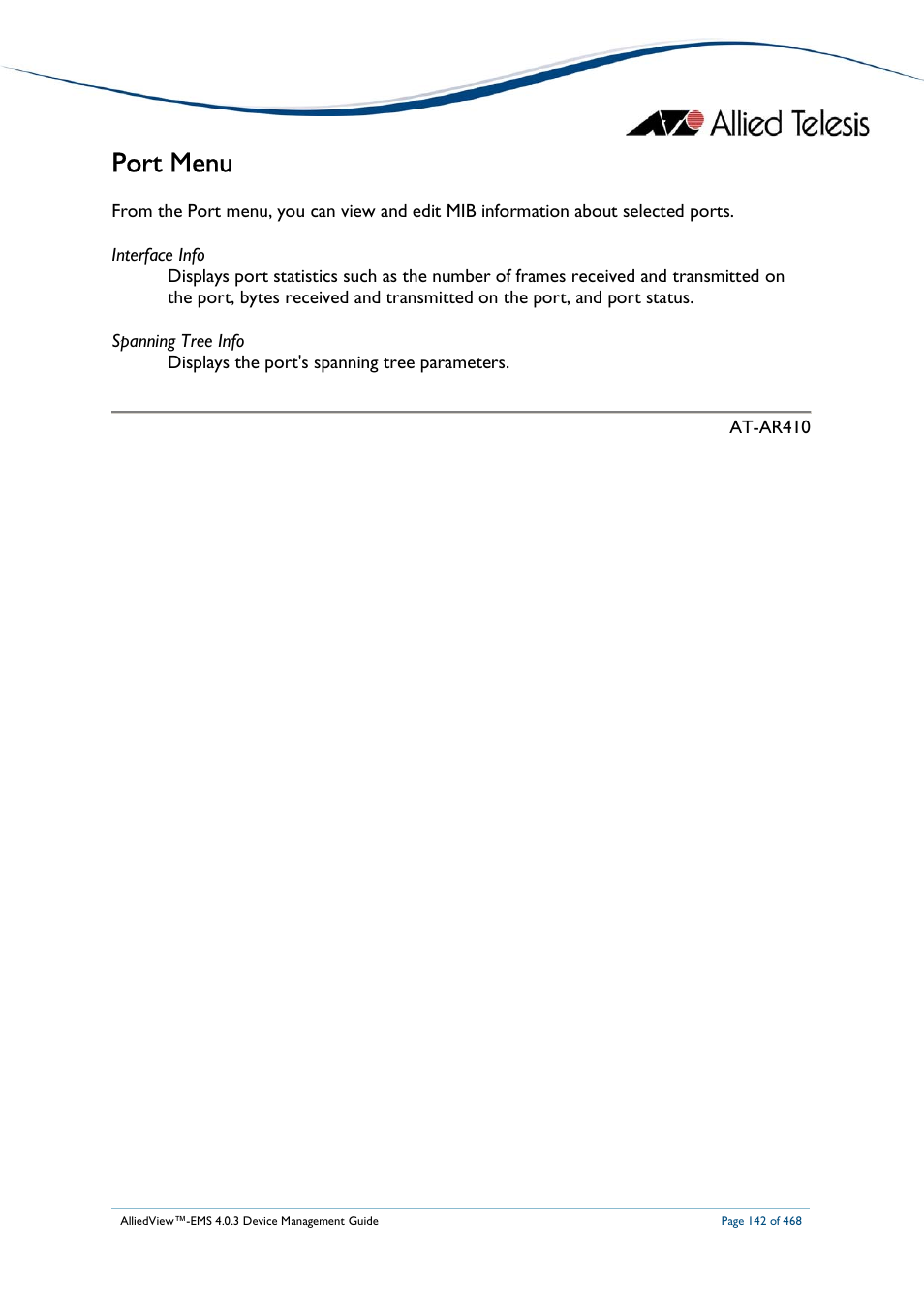 Port menu | Allied Telesis AlliedView-EMS 4.0.3 Device-Management User Manual | Page 142 / 468