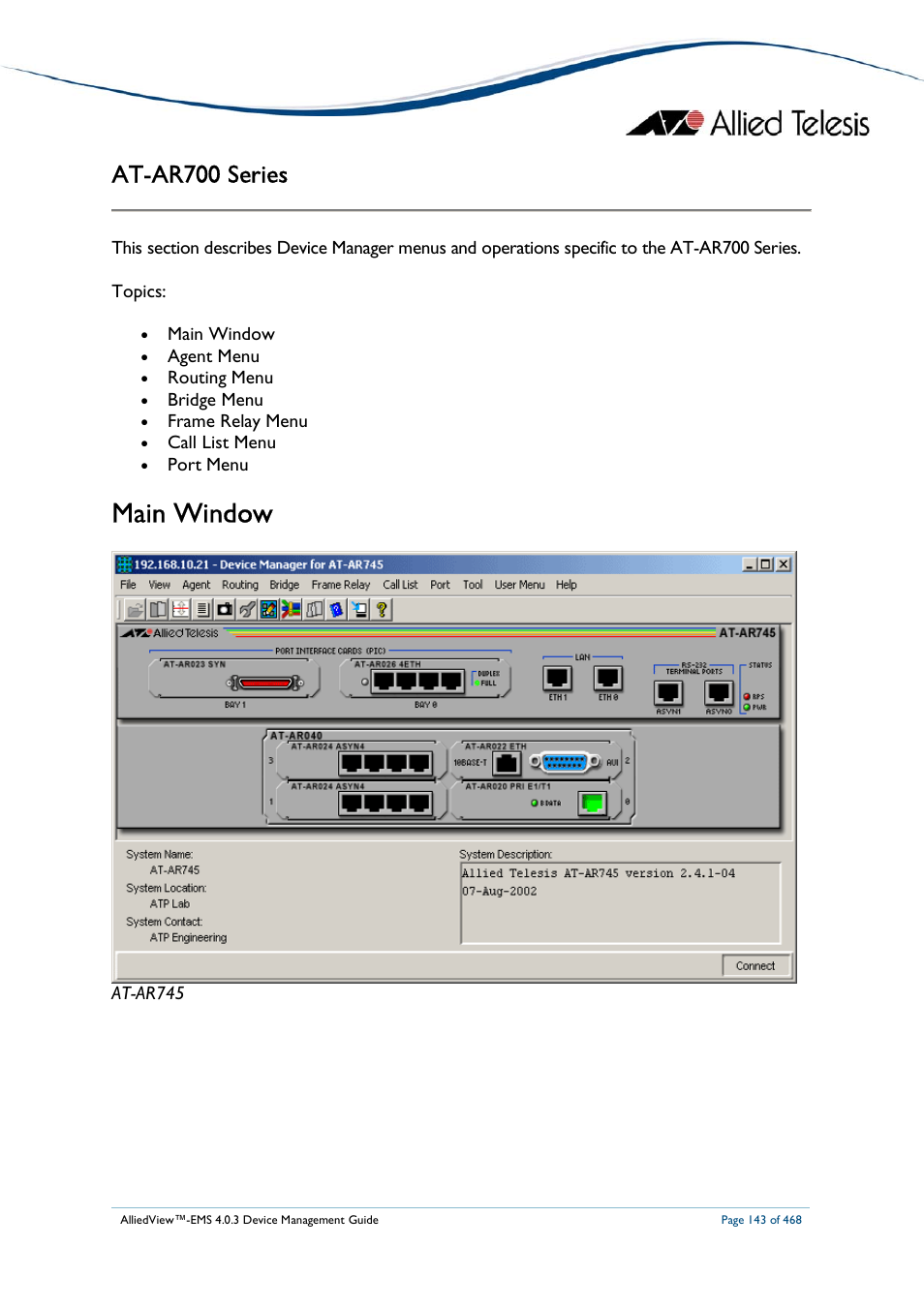 Main window, At-ar700 series | Allied Telesis AlliedView-EMS 4.0.3 Device-Management User Manual | Page 143 / 468
