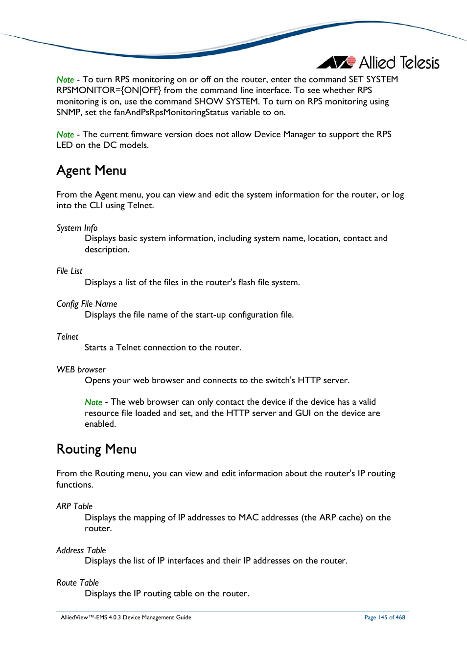 Agent menu, Routing menu | Allied Telesis AlliedView-EMS 4.0.3 Device-Management User Manual | Page 145 / 468