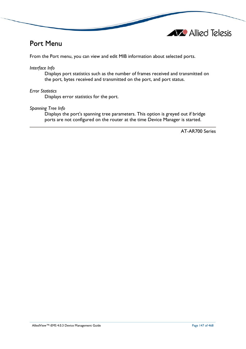 Port menu | Allied Telesis AlliedView-EMS 4.0.3 Device-Management User Manual | Page 147 / 468