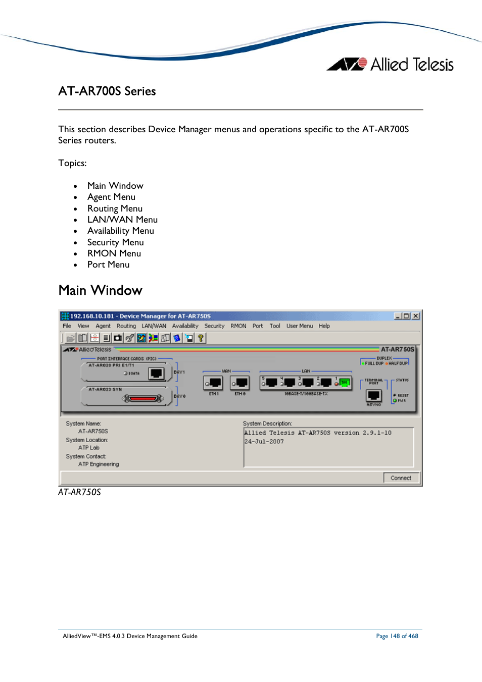Main window, At-ar700s series | Allied Telesis AlliedView-EMS 4.0.3 Device-Management User Manual | Page 148 / 468