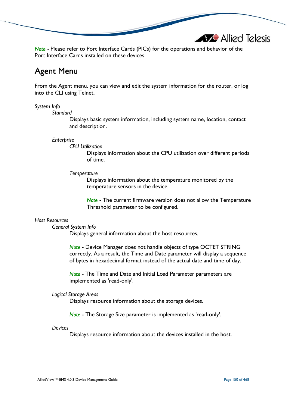 Agent menu | Allied Telesis AlliedView-EMS 4.0.3 Device-Management User Manual | Page 150 / 468