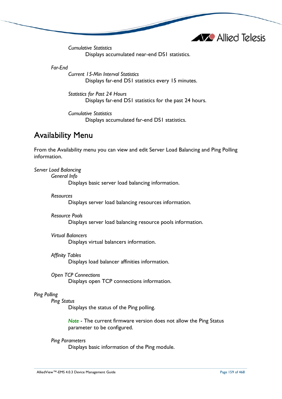 Availability menu | Allied Telesis AlliedView-EMS 4.0.3 Device-Management User Manual | Page 159 / 468