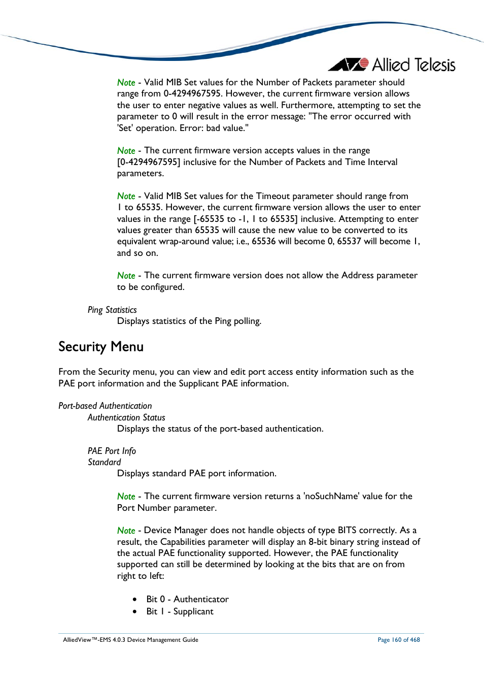 Security menu | Allied Telesis AlliedView-EMS 4.0.3 Device-Management User Manual | Page 160 / 468