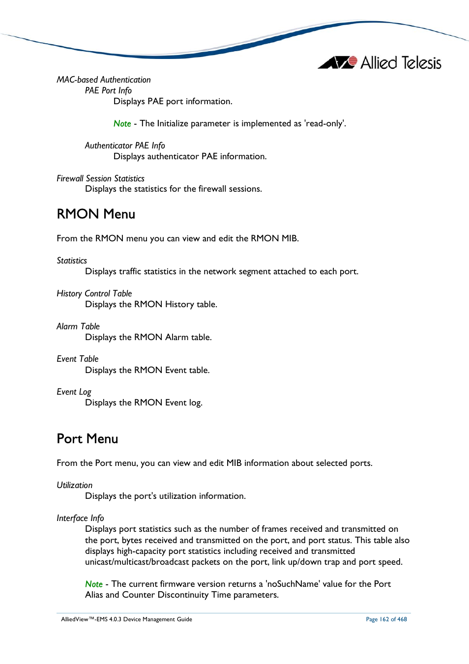 Rmon menu, Port menu | Allied Telesis AlliedView-EMS 4.0.3 Device-Management User Manual | Page 162 / 468
