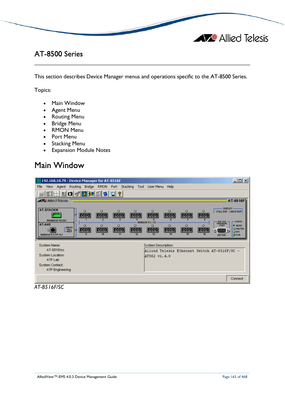 Main window, At-8500 series | Allied Telesis AlliedView-EMS 4.0.3 Device-Management User Manual | Page 165 / 468