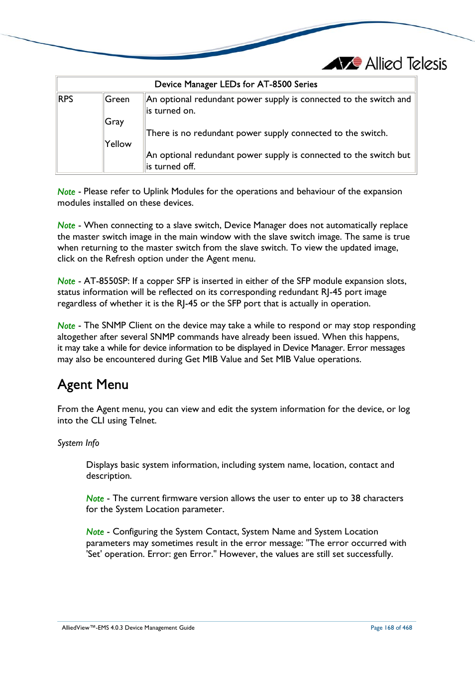 Agent menu | Allied Telesis AlliedView-EMS 4.0.3 Device-Management User Manual | Page 168 / 468