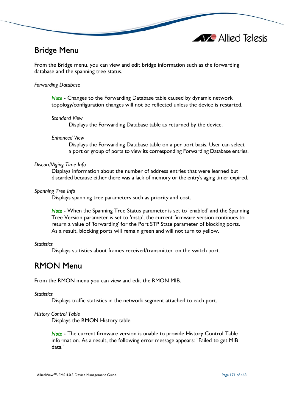 Bridge menu, Rmon menu | Allied Telesis AlliedView-EMS 4.0.3 Device-Management User Manual | Page 171 / 468