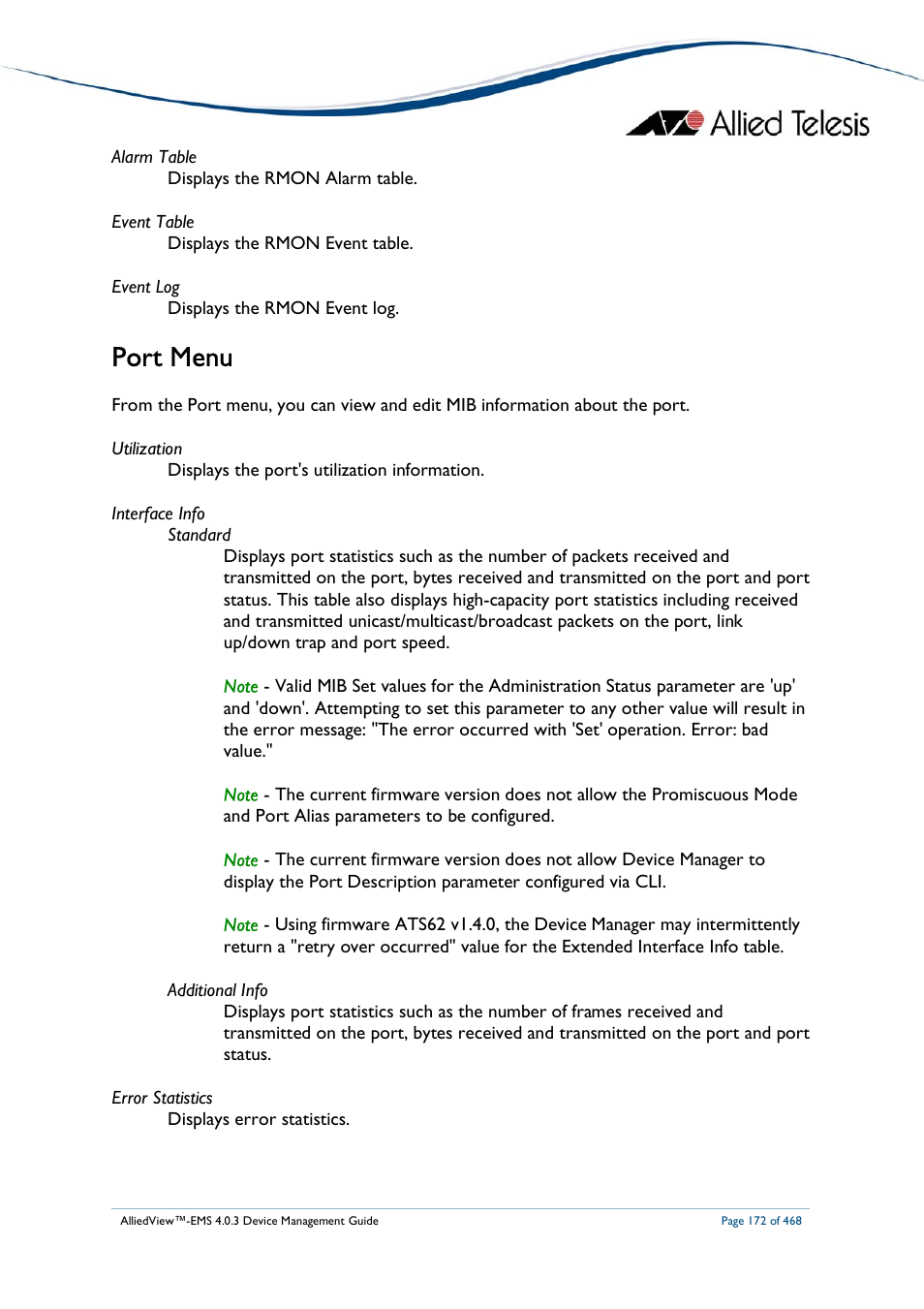 Port menu | Allied Telesis AlliedView-EMS 4.0.3 Device-Management User Manual | Page 172 / 468