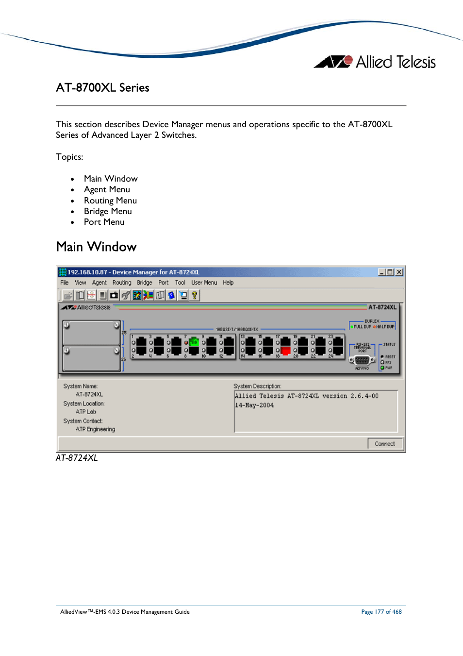 Main window, At-8700xl series | Allied Telesis AlliedView-EMS 4.0.3 Device-Management User Manual | Page 177 / 468