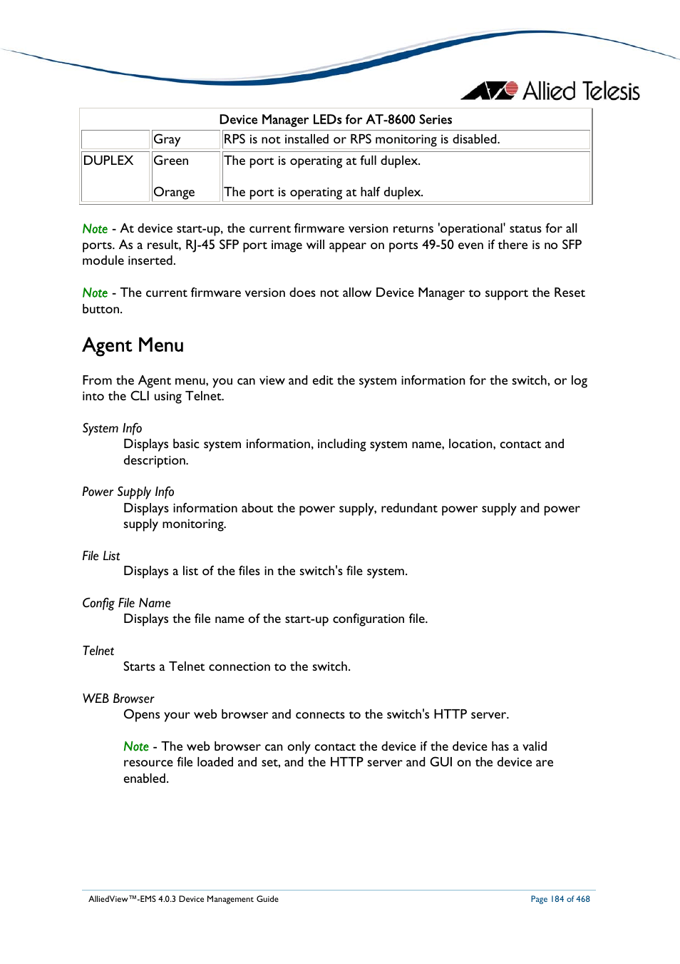 Agent menu | Allied Telesis AlliedView-EMS 4.0.3 Device-Management User Manual | Page 184 / 468