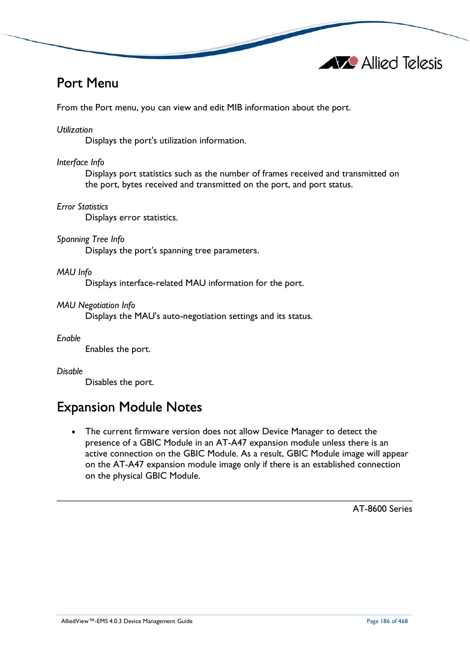 Port menu | Allied Telesis AlliedView-EMS 4.0.3 Device-Management User Manual | Page 186 / 468