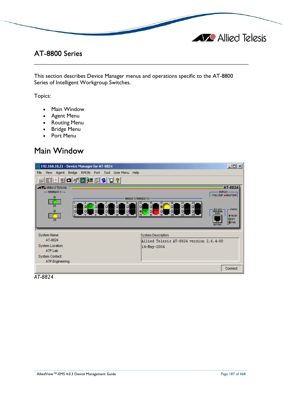 Main window, At-8800 series | Allied Telesis AlliedView-EMS 4.0.3 Device-Management User Manual | Page 187 / 468