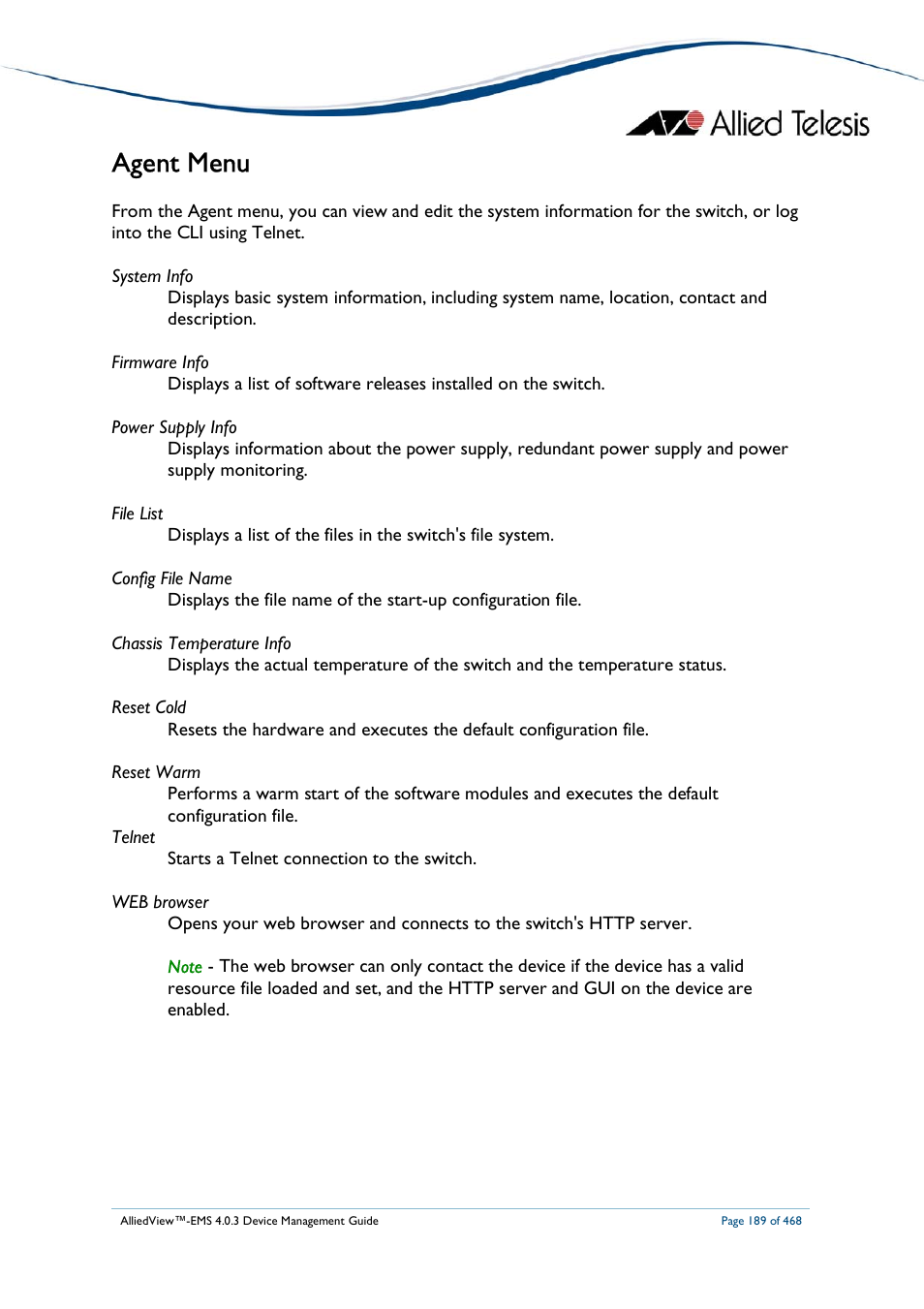 Agent menu | Allied Telesis AlliedView-EMS 4.0.3 Device-Management User Manual | Page 189 / 468