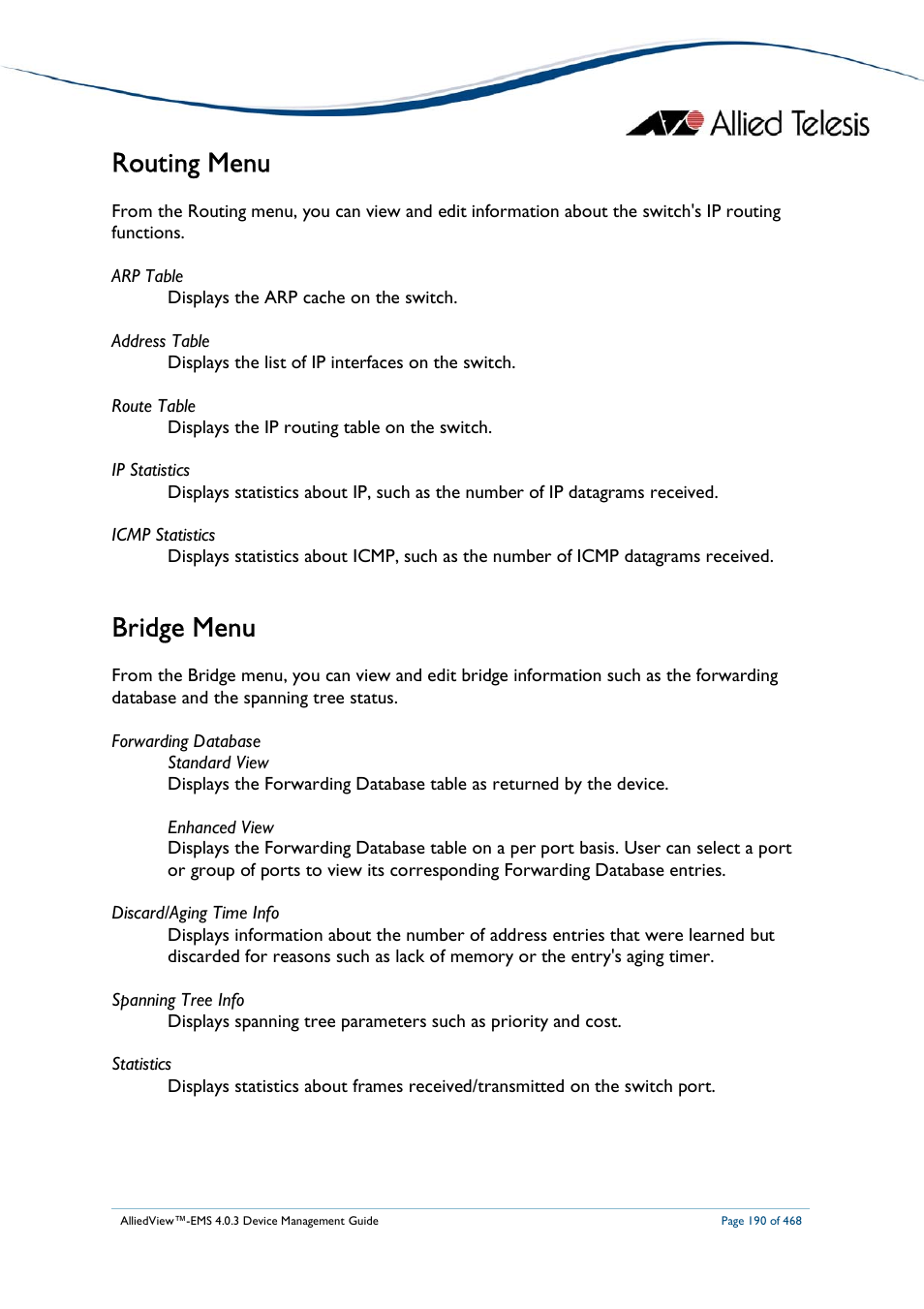 Routing menu, Bridge menu | Allied Telesis AlliedView-EMS 4.0.3 Device-Management User Manual | Page 190 / 468