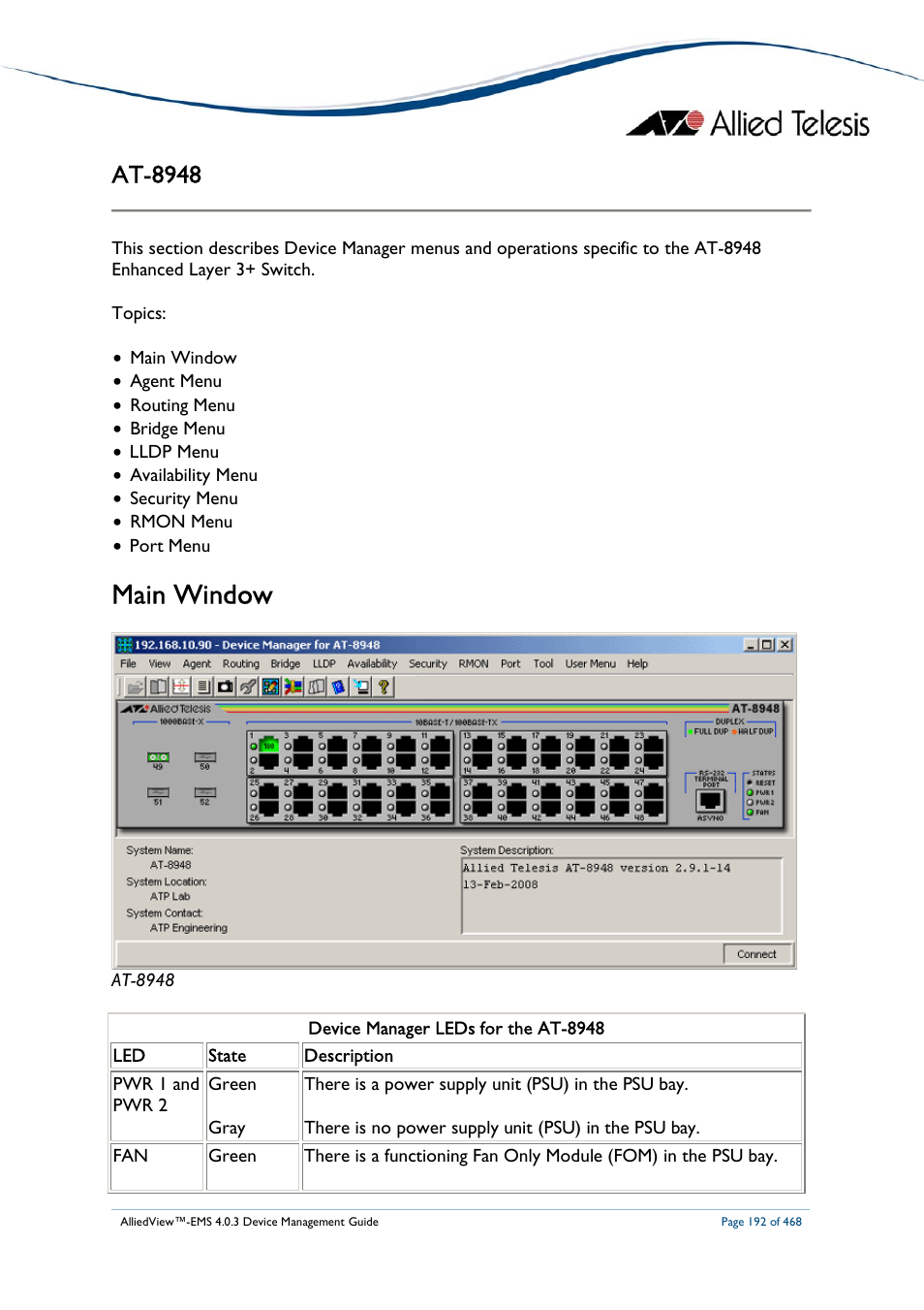 Main window, At-8948 | Allied Telesis AlliedView-EMS 4.0.3 Device-Management User Manual | Page 192 / 468