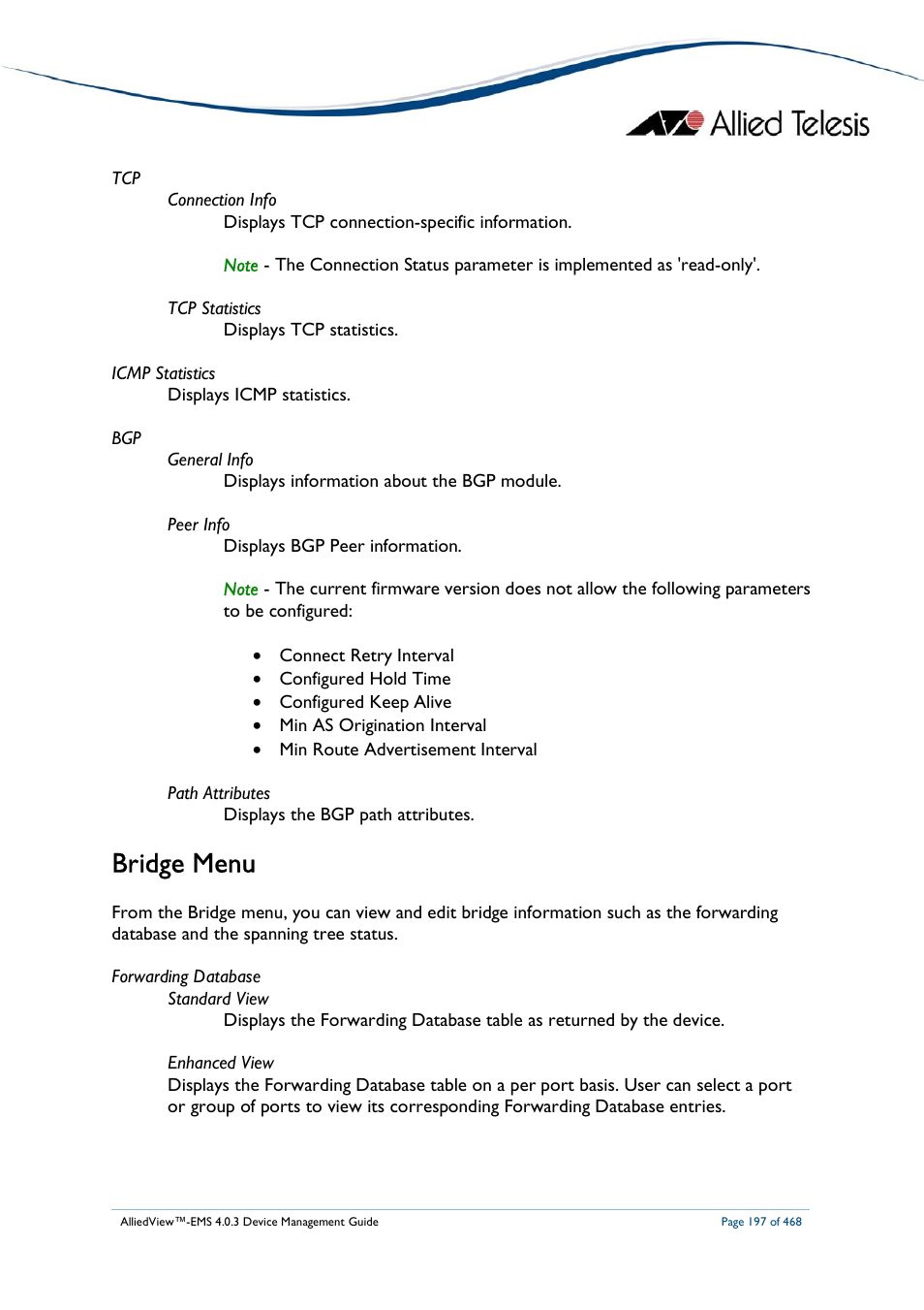 Bridge menu | Allied Telesis AlliedView-EMS 4.0.3 Device-Management User Manual | Page 197 / 468